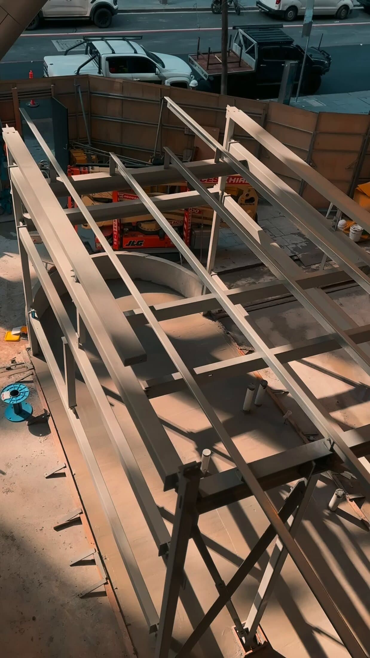 Curved steel frame during construction